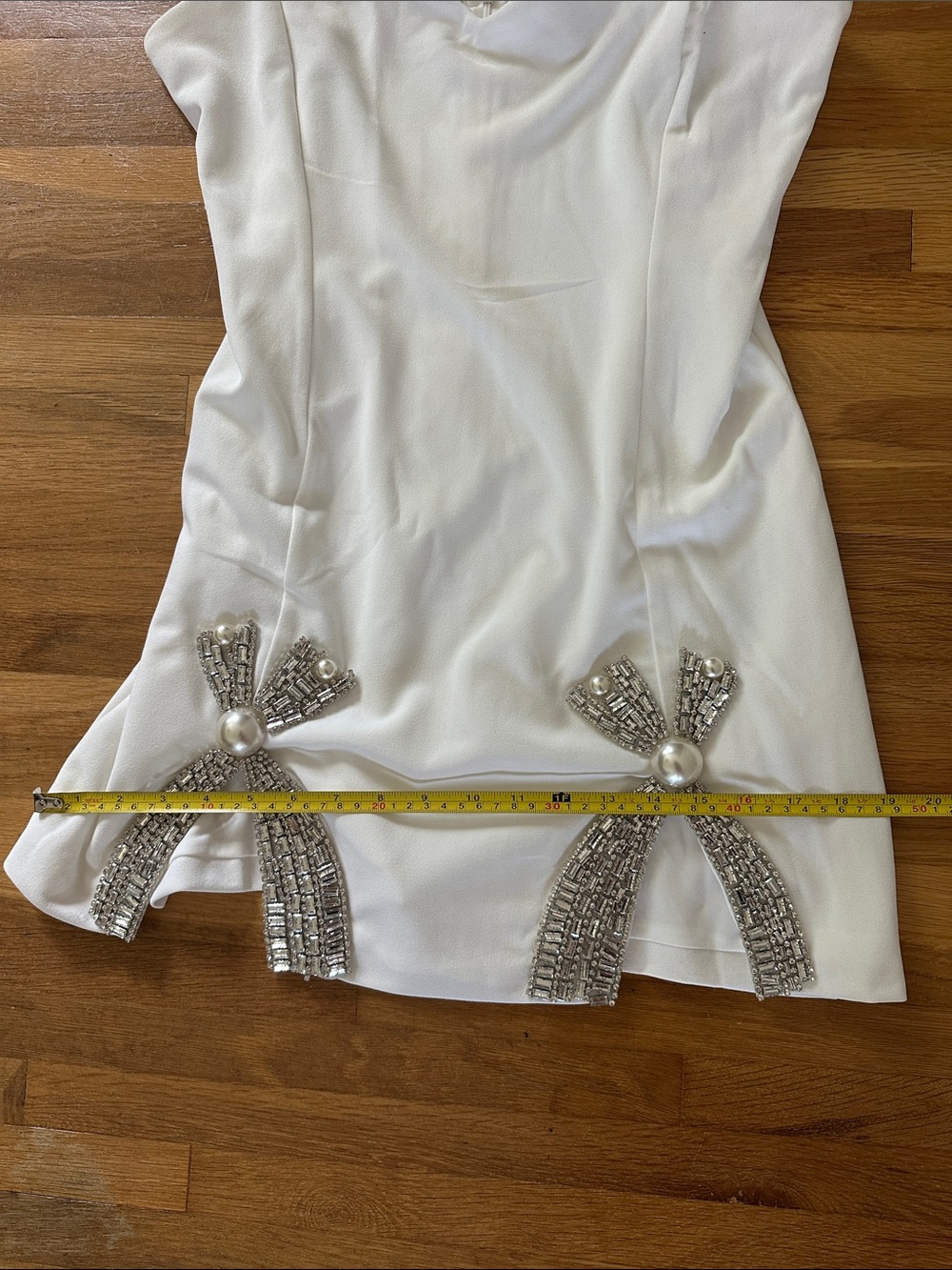 Amazing Lace | Elegant White Cowl Neck Mini Dress with Pearl & Crystal Accents - Picture 15 of 15